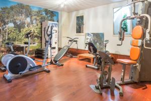 a gym with several exercise equipment in a room at Hôtel Restaurant de l'Ecu in Jonzac