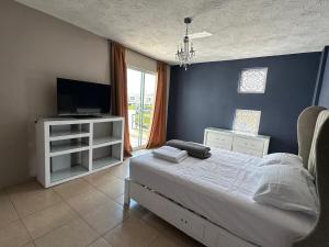 ein Schlafzimmer mit einem Bett, einem TV und einem TV-Stand in der Unterkunft Casa Farah in Sofía