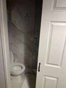 a bathroom with a toilet and a glass shower at Flamingo Short Lets Greenleys in Wolverton
