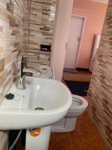 ein Badezimmer mit Waschbecken und Toilette in der Unterkunft Lajoy Executive Lodge in Lusaka