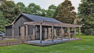 a rendering of a gambrel shed with a deck at Ljungskile modern country lodge 