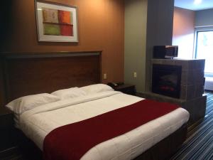 The Inn في Monaca: غرفة نوم بسرير كبير ومدفأة