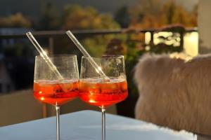 dos copas de vino sentadas en una mesa en Ferienwohnung Bergblick, en Bad Harzburg 43 fotos más