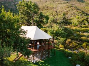 a woman standing on a deck with a white tent at Majestic wonders in Knysna