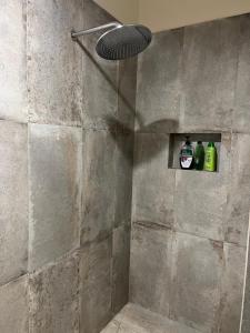 een badkamer met een douche en groene flessen op een plank bij Nook Farm in Nagambie +22 foto's