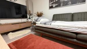 a living room with a couch and a flat screen tv at Private House with Sauna and Winter Garden in Helsinki