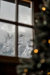 a window with a view of a snow covered mountain at Arnestgut in Strobl