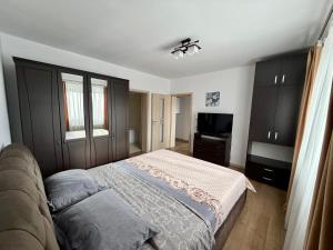 a bedroom with a bed and a flat screen tv at Dante Residence in Alba Iulia