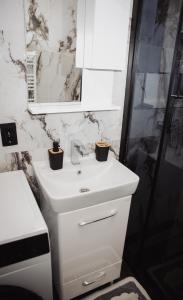 a white bathroom with a sink and a shower at Apartman Monet in Pale +14 photos