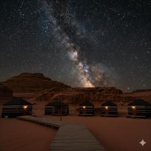 a starry night with the milky way in the desert at golden day in Wadi Rum