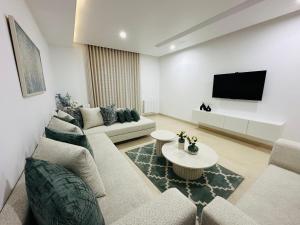 un salon avec un canapé et une télévision sur un mur dans l'établissement Safa, à Tunis