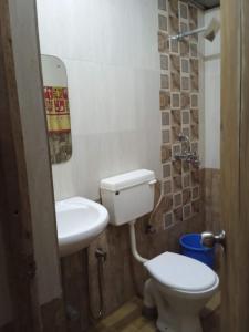 a small bathroom with a toilet and a sink at RivoGoa riverside Homestay in Bardez