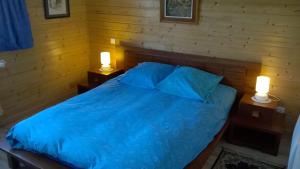 ein Schlafzimmer mit einem blauen Bett mit zwei Lampen darauf in der Unterkunft Wohnung Du Coucou In Lichtenberg in Lichtenberg + 32 Fotos