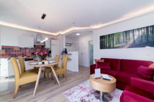 萨斯尼茨Villa Nause-FeWo Buchenfreund mit Spa und Freizeit的客厅以及带红色沙发和桌子的厨房。 更多15张照片