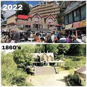 deux photos d'une ville avec des gens devant un bâtiment dans l'établissement Al Maz Hotel Mall Road, à Dargai