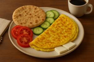 Un plato de desayuno con tortillas, tomates y queso. en Cozy studio, en Seis de Octubre