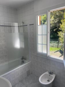 ein Badezimmer mit Dusche, Waschbecken und Toilette in der Unterkunft Bruyeres in Lesperon + 10 Fotos