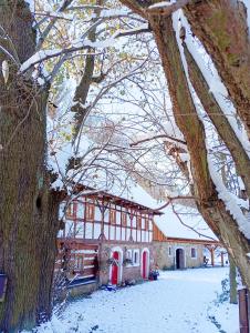 ein großes Gebäude mit roten Türen im Schnee in der Unterkunft Chatka zimorodka in Pielgrzymka