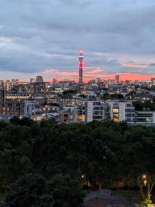 Stylish 1 Bedroom Flat in Old Street في لندن: اطلالة على مدينة فيها برج من بعيد