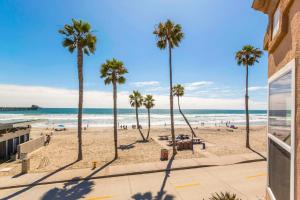 een uitzicht op een strand met palmbomen en de oceaan bij 5N-64 Beachfront On the Strand in Oceanside