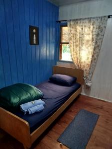 a bedroom with a bed with blue walls and a window at Quarto N II Cama Individual e sofá cama solteiro in Gramado