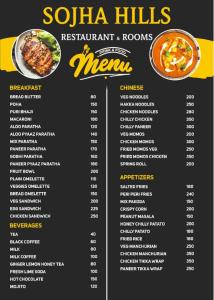ein Menü für ein Restaurant mit Speisen und Getränken in der Unterkunft Sojha Hills Hotel & Restaurant in Banjār