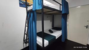 a bedroom with two bunk beds with blue drapes at EVOKE Hostel Mirissa in Mirissa