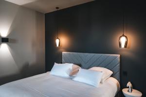 1 dormitorio con 1 cama con 2 almohadas y 2 luces en Appartements d'exception René & Victoire, en Épinal