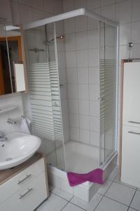 a bathroom with a shower and a sink at Haus WoogArt in Dahn