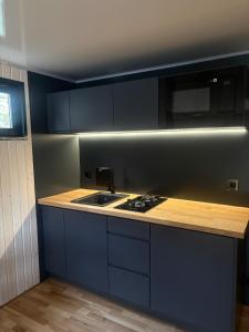 a kitchen with a sink and a counter top at Luxurious houseboat for up to 4 people in Dausenau