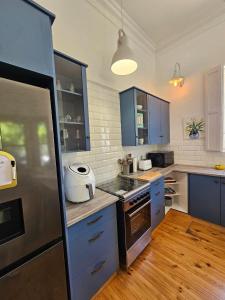 a kitchen with blue cabinets and a counter top at Under the Maple in Rawsonville