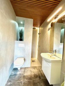 ein Badezimmer mit Toilette und Waschbecken in der Unterkunft Casa Troll in Tromsø + 40 Fotos