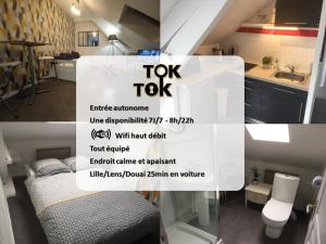a collage of three pictures of a room with a bathroom at TOK TOK A5 Appartement 1Ch Proche toutes commodités in Annoeullin