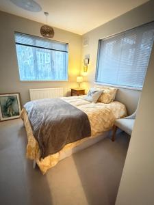 a bedroom with a large bed and two windows at A beautiful stylish home in city centre in Camberley
