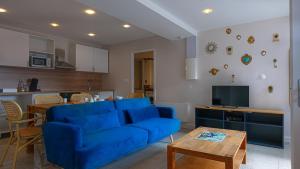 卢尔德Proche Sanctuaires - Confort Premium - Parking facile的带蓝色沙发的客厅和厨房