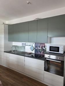 une cuisine avec des appareils en acier inoxydable et un micro-ondes dans l'établissement La Casa delle Magnolie, à San Canzian dʼlsonzo