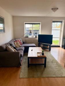 a living room with a couch and a coffee table at 2 bedroom apartment near the sea in Tisvildeleje