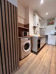 a kitchen with a washing machine and a sink at Louis Apartaments in Skorka