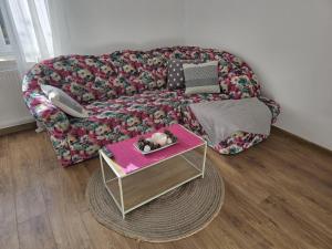 ein Wohnzimmer mit einem Sofa und einem Tisch mit einem Laptop in der Unterkunft Apartamenty CAPPUCCINO in Przemyśl