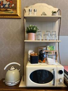 a microwave on a shelf with a tea kettle at Victoria Apartment 1901-Apartament ultracentral Oradea ,lângă Piața Unirii in Oradea