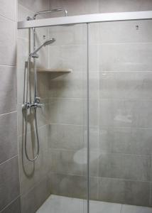 een douche met een glazen deur in een badkamer bij Crystal Loft Bakuriani Apartment in Bakuriani +21 foto's