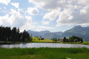 ein See auf einem Feld mit Bergen im Hintergrund in der Unterkunft Die Ferienwohnung Chäserruggblick mit Charme in Unterwasser