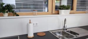 eine Küchentheke mit Spüle und Fenster in der Unterkunft Haus Sonneninsel Velden am Wörthersee in Velden am Wörthersee