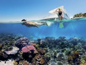 a woman on a boat over a coral reef at Mango Eden Villa in Airlie Beach