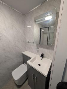 a bathroom with a sink and a toilet and a mirror at OYO Park Lodge Preston in Preston