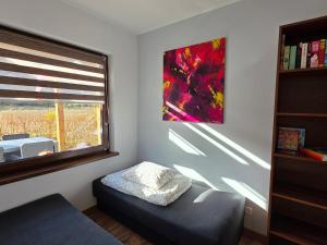ein Schlafzimmer mit einem Bett und ein Fenster mit einem Gemälde in der Unterkunft Domek GORCZAŃSKA KOLIBA w Gorcach in Kamienica