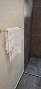 Un baño con toallas blancas en un toallero. en Deluxe Studio, en Oranjestad