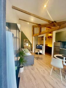 a large living room with a couch and a kitchen at Logement neuf tout équipé avec terrasse, proche du bourg et des plages océanes, climatisé, WIFI, parking, linge et ménage compris, proche des commerces ouverts toute l'année in Mimizan