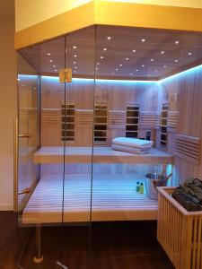 eine Dusche in einem Zimmer mit einigen Regalen in der Unterkunft Apartment Hohenstadt in Hohenstadt + 7 Fotos