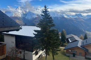 ein Haus mit einer Kiefer vor einem Berg in der Unterkunft Dachferienwohnung Vieux Valais A, Ost-Mitte in Riederalp